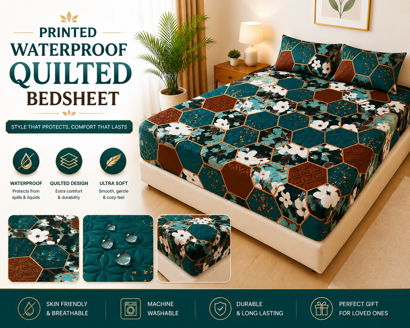 Printed Fancy Quilted Waterproof Mattress Fitted Bedsheet Set 🛏️